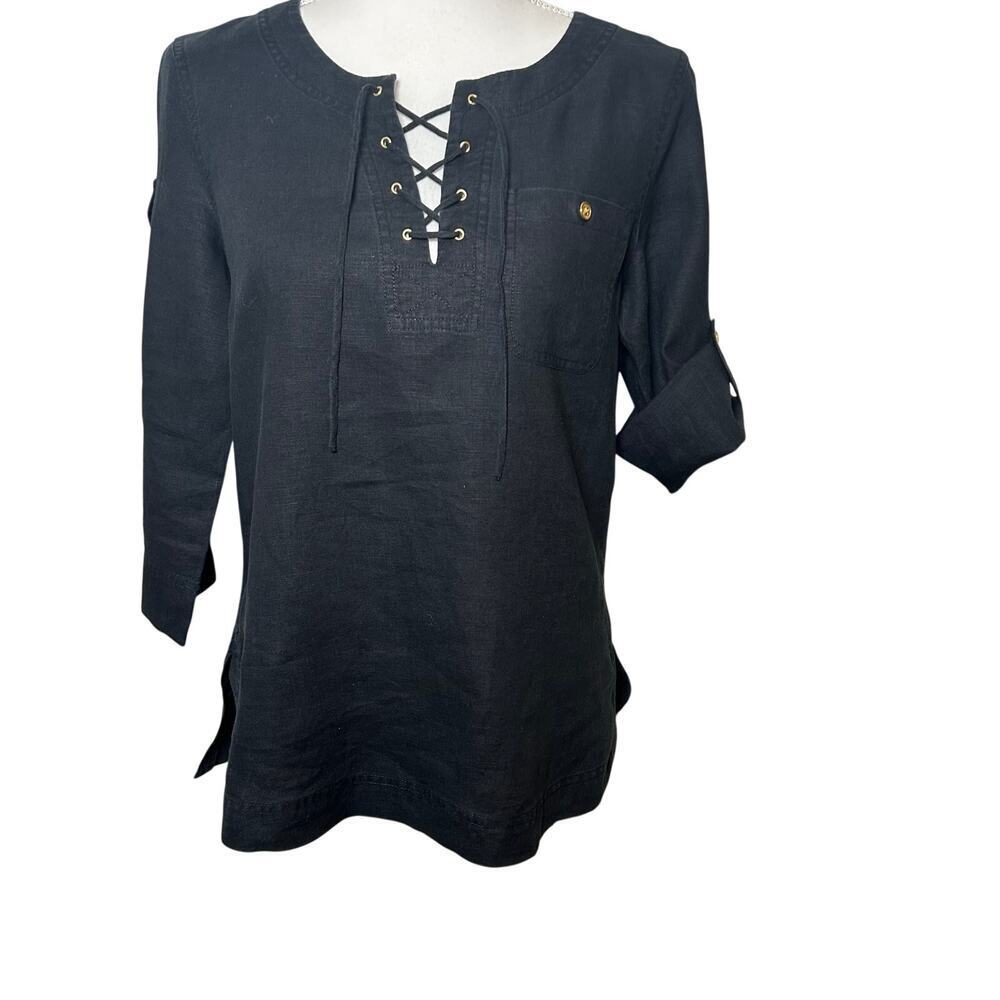 Lauren Ralph Lauren black 100% linen v-neck lace up 3/4 adjustable sleeve‎ top S